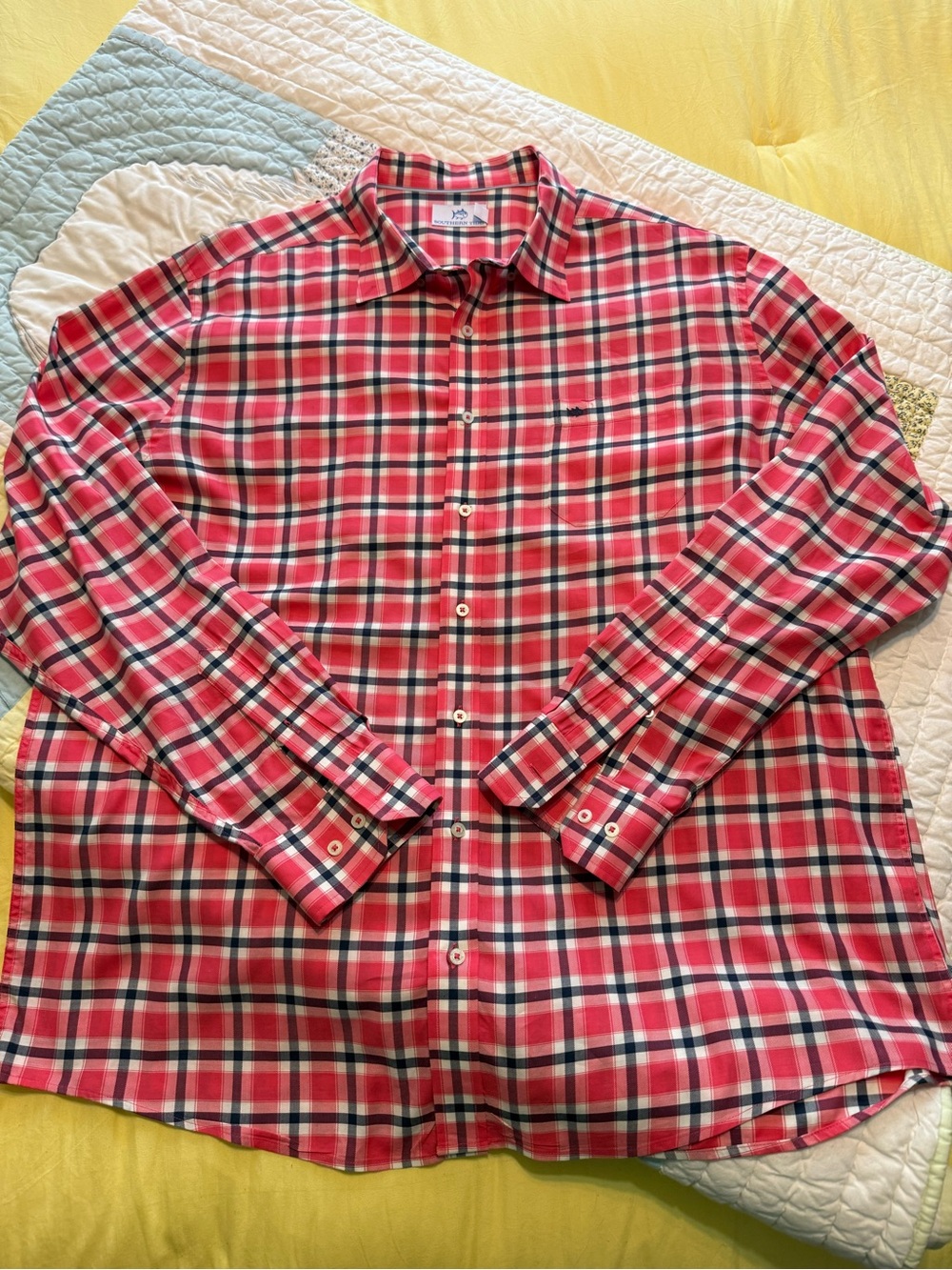 Southern Tide Pinkish Red and Navy Plaid Button-Down Shirt